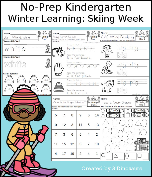 No-Prep Skiing Weekly Packs for Kindergarten with 5 days of activities to do to learn with a winter Skiing theme - 3Dinosaurs.com