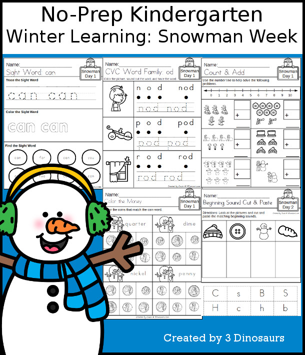 No-Prep Snowman Themed Weekly Packs for Kindergarten with 5 days of activities to do to learn with a fall Snowman theme - 3Dinosaurs.com