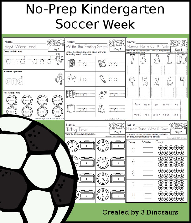 No-Prep Soccer Weekly Packs for Kindergarten with 5 days of activities to do to learn with a spring Soccer theme  and football wording option as well- 3Dinosaurs.com