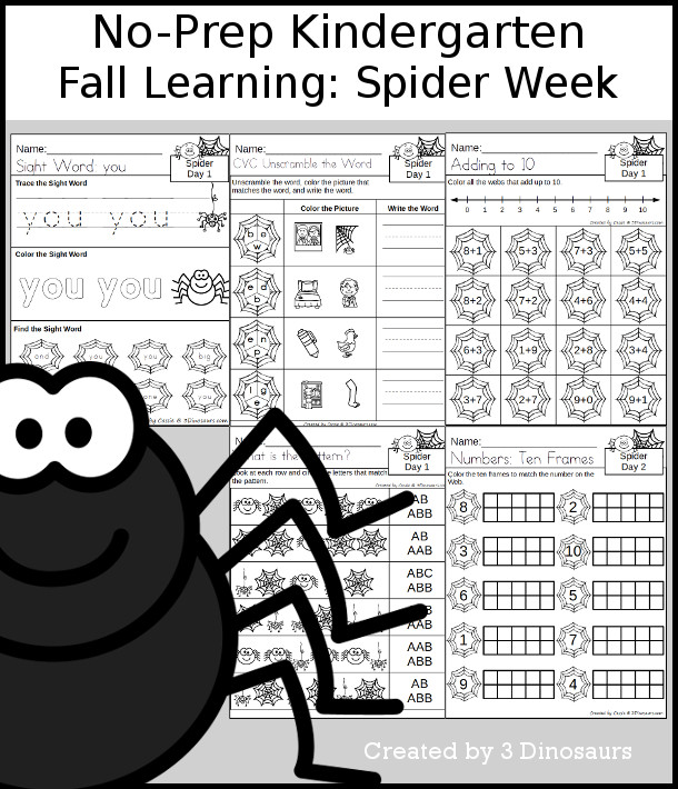 No-Prep Spider Weekly Packs for Kindergarten with 5 days of activities to do to learn with a fall Spider theme - 3Dinosaurs.com