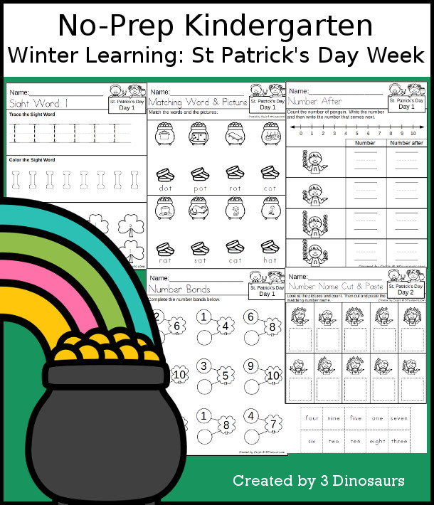 No-Prep St. Patrick's Day Themed Weekly Packs for Kindergarten with 5 days of activities to do to learn with a winter or spring St. Patrick's Day theme  with CVC words, numbers, fractions and math and more - 3Dinosaurs.com