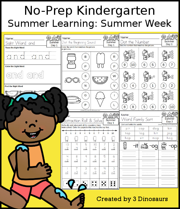 No-Prep Summer Themed Weekly Packs for Kindergarten with 5 days of activities to do to learn with a summer theme - 3Dinosaurs.com