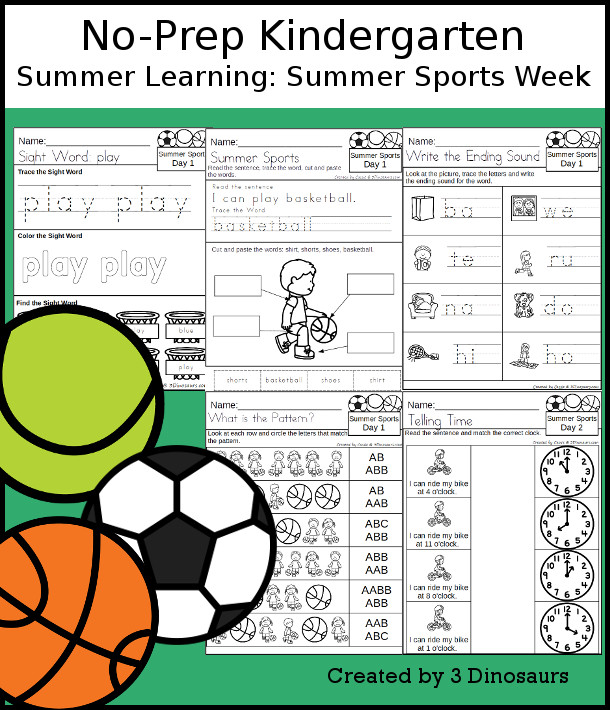 No-Prep Summer Sports Themed Weekly Packs for Kindergarten with 5 days of activities to do to learn with a Summer Sports theme  - 3Dinosaurs.com