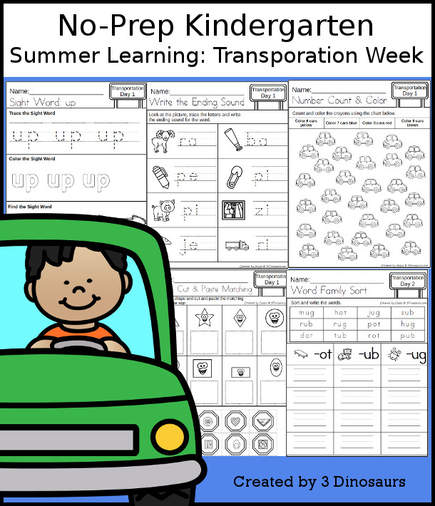 No-Prep Transportation Themed Weekly Packs for Kindergarten with 5 days of activities to do to learn with a summer Transportation theme - 3Dinosaurs.com