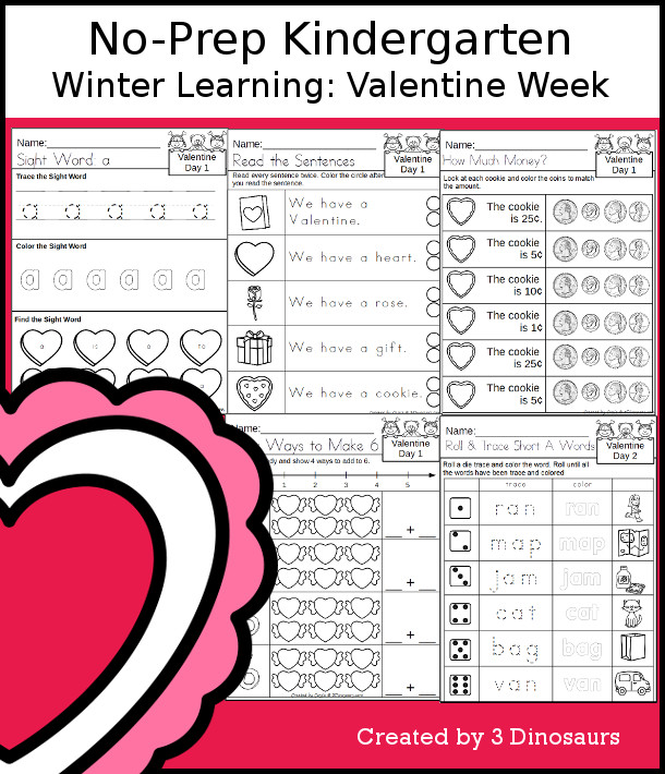 No-Prep Valentine Themed Weekly Packs for Kindergarten with 5 days of activities to do to learn with a Valentine's Day theme - 3Dinosaurs.com