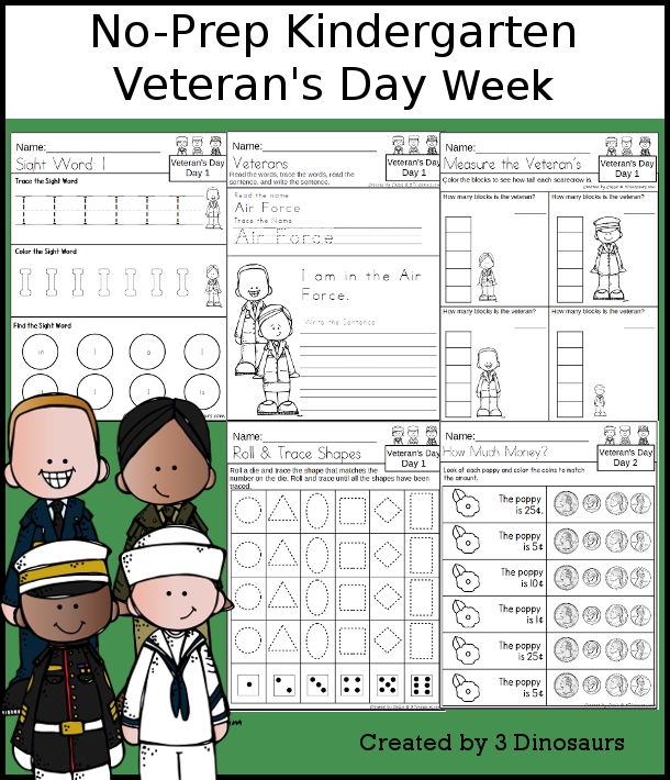 No-Prep Veteran's Day Weekly Packs for Kindergarten with 5 days of activities to do to learn with a fall Veteran's Day theme - 3Dinosaurs.com