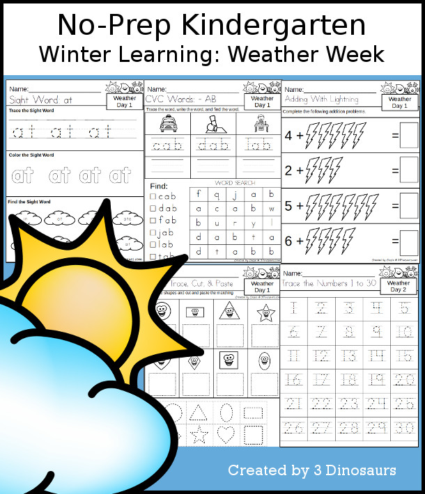 No-Prep Weather Themed Weekly Packs for Kindergarten with 5 days of activities to do to learn with a Weather theme - 3Dinosaurs.com