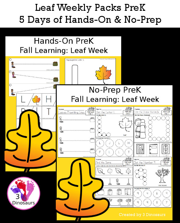 No-Prep & Hands-On Leaf Themed Weekly Packs – 3 Dinosaurs