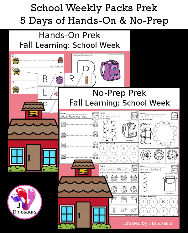 No-Prep & Hands-On School Themed Weekly Packs for PreK  with 5 days of activities to do to learn with a school theme - 3Dinosaurs.com