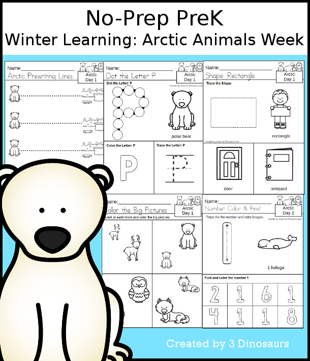 No-Prep Arctic Animals Themed Weekly Packs for PreK  with 5 days of activities to do to learn with a winter Arctic Animals theme - - 3Dinosaurs.com