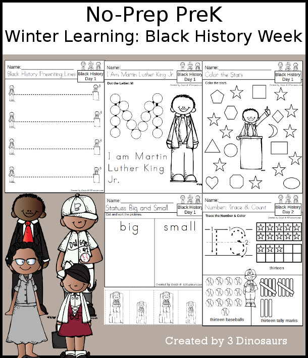 No-Prep Black History Weekly Packs for PreK with 5 days of activities to do to learn with a winter Black History theme - 3Dinosaurs.com