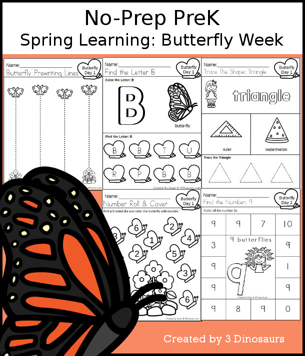 No-Prep Butterfly Themed Weekly Packs for PreK  with 5 days of activities to do to learn with a spring Butterfly theme - 3Dinosaurs.com