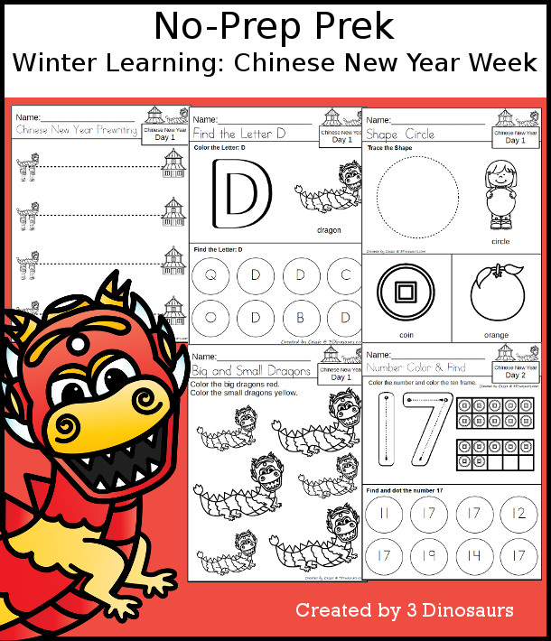 No-Prep Chinese New Year Themed Weekly Packs for PreK  with 5 days of activities to do to learn with a winter Chinese New Year theme - - 3Dinosaurs.com