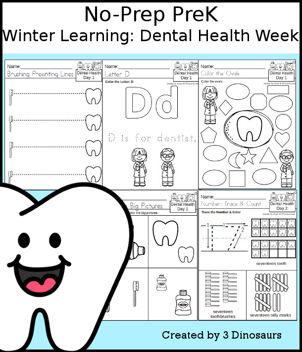 No-Prep Dental Health Weekly Packs for PreK  with 5 days of activities to do to learn with a winter Dental Health theme - 3Dinosaurs.com