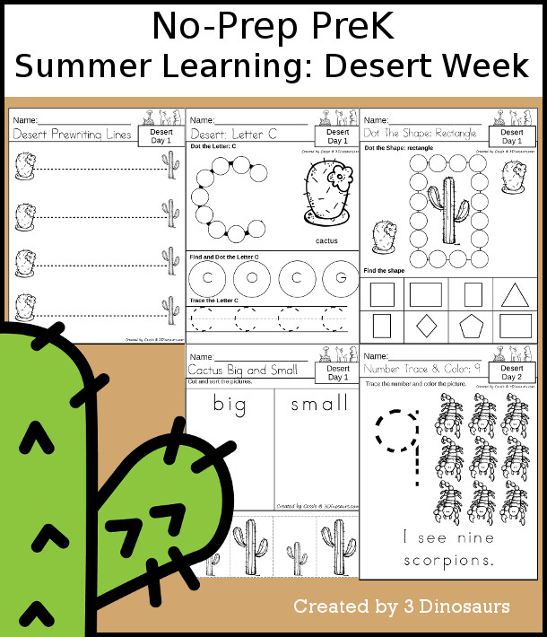 No-Prep Desert Themed Weekly Packs for PreK  with 5 days of activities to do to learn with a summer Desert theme - 3Dinosaurs.com