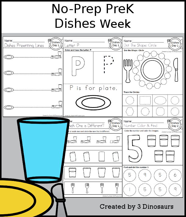 No-Prep Dishes Weekly Packs for PreK  with 5 days of activities to do to learn with a winter Dishes theme - - 3Dinosaurs.com