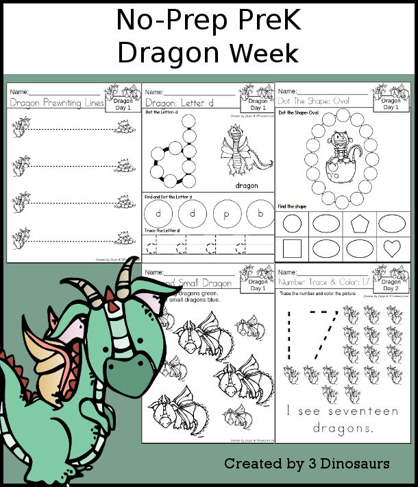 No-Prep Dragon Weekly Packs for PreK  with 5 days of activities to do to learn with a spring Dragon theme - - 3Dinosaurs.com