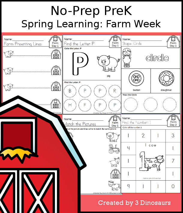 No-Prep Farm Themed Weekly Packs for PreK  with 5 days of activities to do to learn with a spring Farm theme - 3Dinosaurs.com