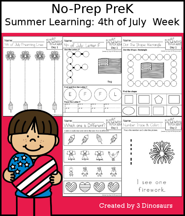 No-Prep Fourth of July Themed Weekly Packs for PreK  with 5 days of activities to do to learn with a summer Fourth of July theme - 3Dinosaurs.com