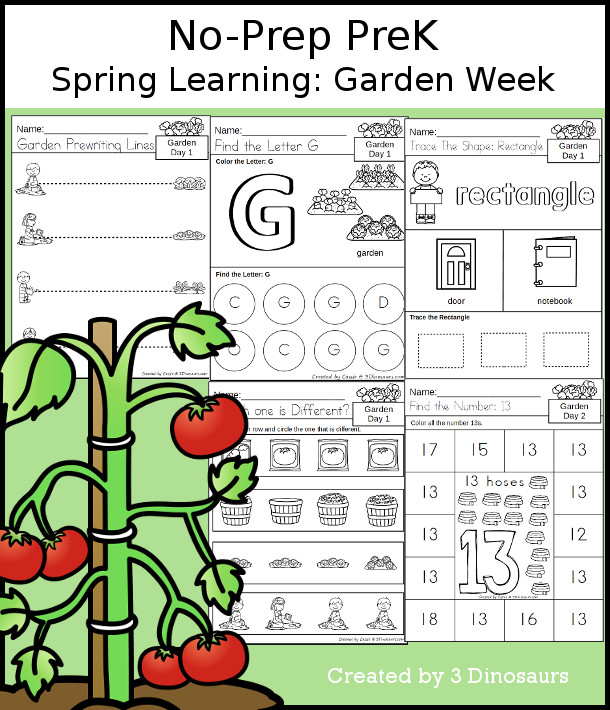 No-Prep Garden Themed Weekly Packs for PreK  with 5 days of activities to do to learn with a spring Garden theme - 3Dinosaurs.com