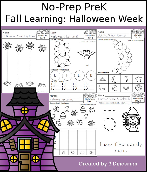 No-PrepHalloween Themed Weekly Packs for PreK  with 5 days of activities to do to learn with a fall Halloween theme you have 4 pages for each day - 3Dinosaurs.com