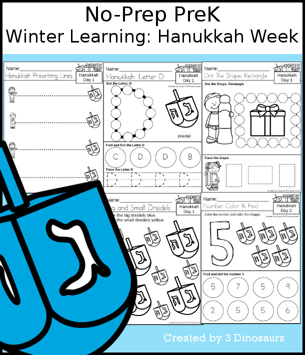 No-Prep Hanukkah Themed Weekly Packs for PreK  with 5 days of activities to do to learn with a winter Hanukkah theme - - 3Dinosaurs.com