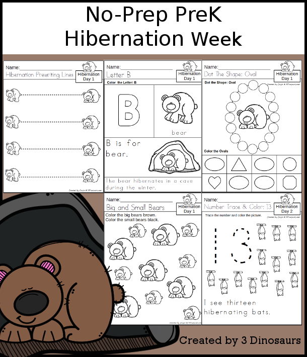 No-Prep Hibernation Weekly Packs for PreK  with 5 days of activities to do to learn with a winter Hibernation theme - 3Dinosaurs.com