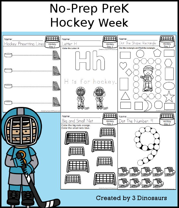 No-Prep Hockey Weekly Packs for PreK  with 5 days of activities to do to learn with a winter Hockey theme - 3Dinosaurs.com