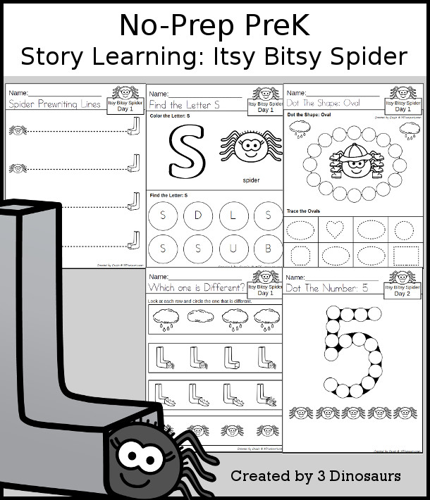 No-Prep Itsy Bitsy Spider Themed Weekly Packs for PreK  with 5 days of activities to do to learn with a nursery rhyme of Itsy Bitsy Spider - 3Dinosaurs.com