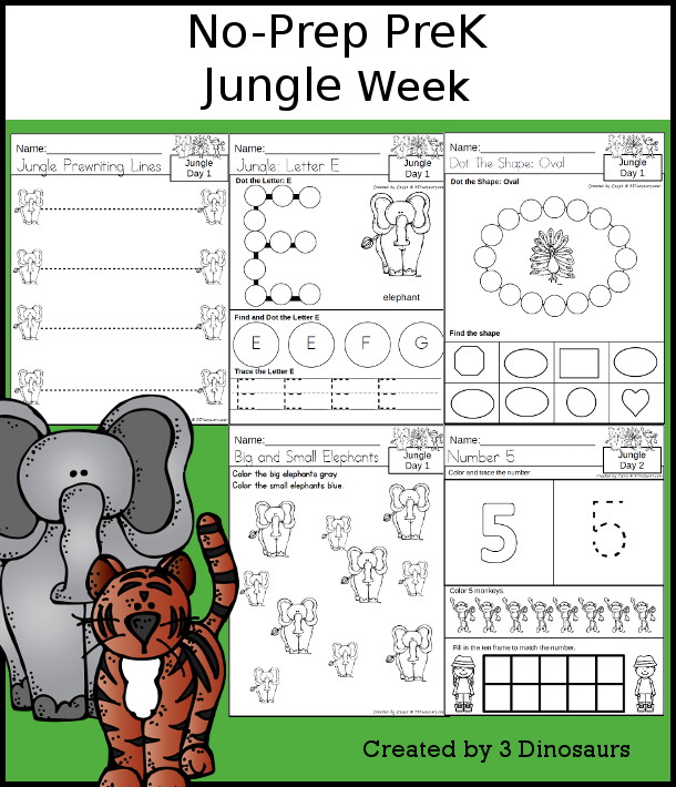 No-Prep Jungle Weekly Packs for PreK  with 5 days of activities to do to learn with a summer Jungle theme - - 3Dinosaurs.com