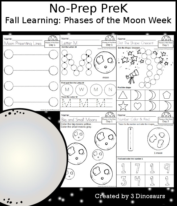 No-Prep Phases of the Moon Weekly Packs for PreK  with 5 days of activities to do to learn with a fall Phases of the Moon theme - - 3Dinosaurs.com