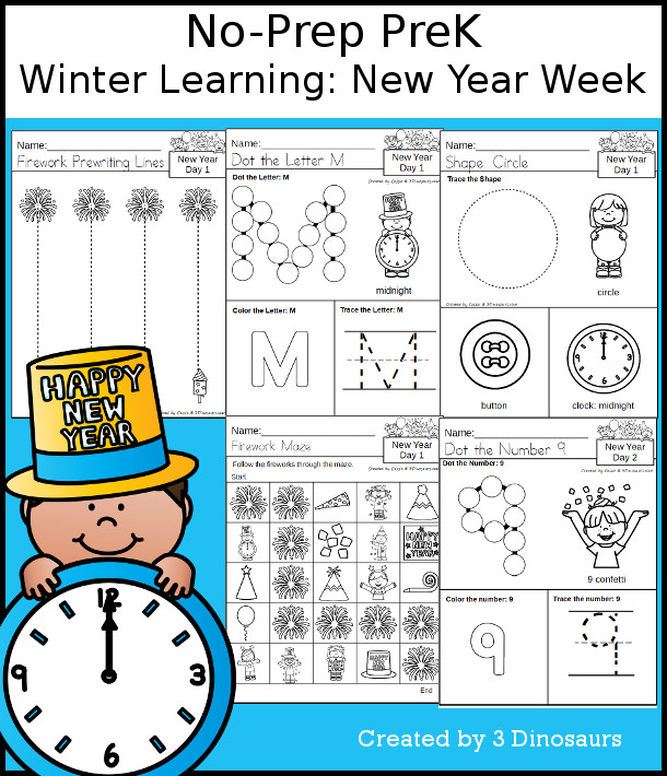 No-Prep New Year Themed Weekly Packs for PreK  with 5 days of activities to do to learn with a winter New Year theme - 3Dinosaurs.com