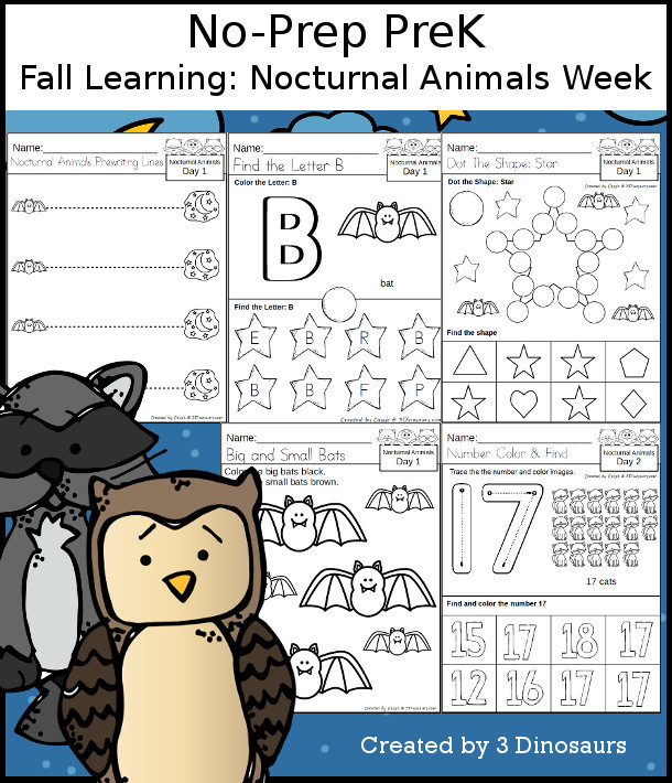 No-Prep Nocturnal Animals Weekly Packs for PreK  with 5 days of activities to do to learn with a fall Nocturnal Animals theme - - 3Dinosaurs.com