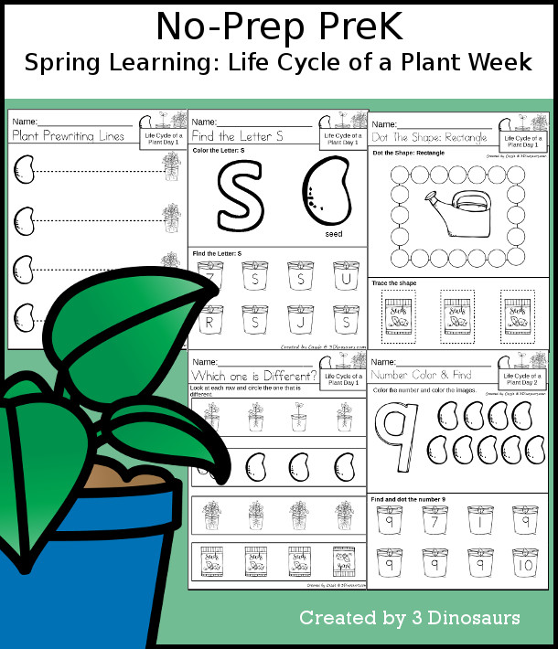 No-Prep Life Cycle of a Plant Themed Weekly Packs for PreK  with 5 days of activities to do to learn with a spring Life Cycle of a Plant theme - - 3Dinosaurs.com