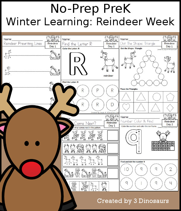 No-Prep Reindeer Themed Weekly Packs for PreK  with 5 days of activities to do to learn with a winter Reindeer theme - - 3Dinosaurs.com