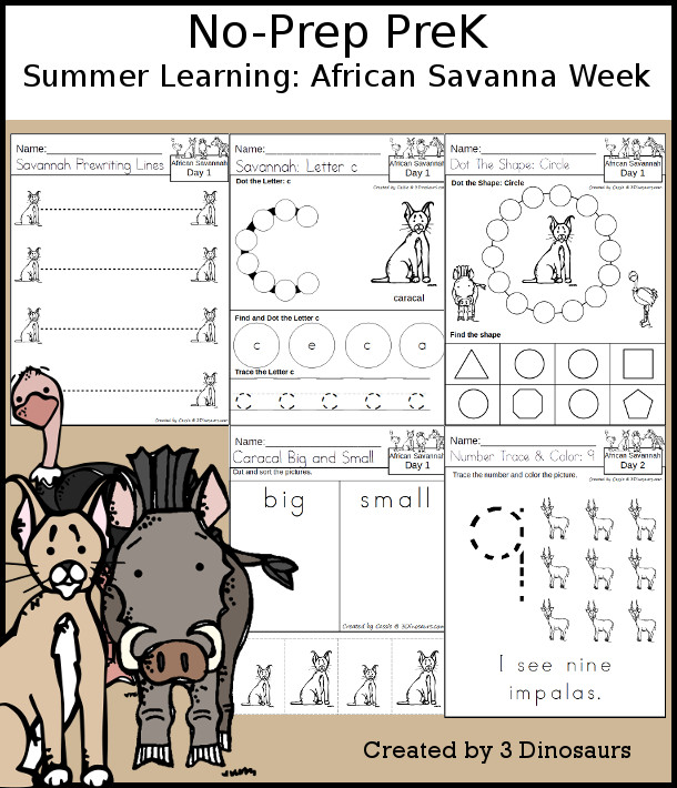 No-Prep African Savanna Weekly Packs for PreK  with 5 days of activities to do to learn with a African Savanna theme - - 3Dinosaurs.com