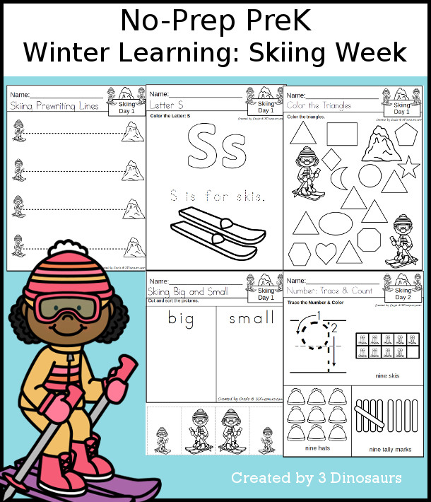 No-Prep Skiing Weekly Packs for PreK  with 5 days of activities to do to learn with a winter Skiing theme - - 3Dinosaurs.com