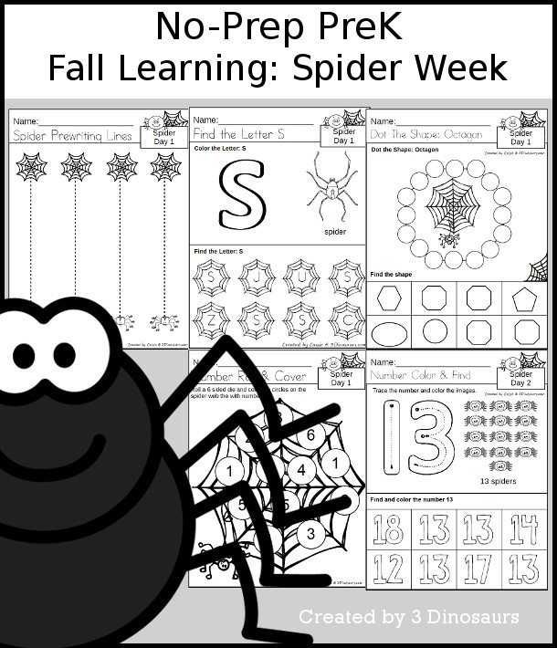 No-Prep Spider Weekly Packs for PreK  with 5 days of activities to do to learn with a fall Spider theme - 3Dinosaurs.com