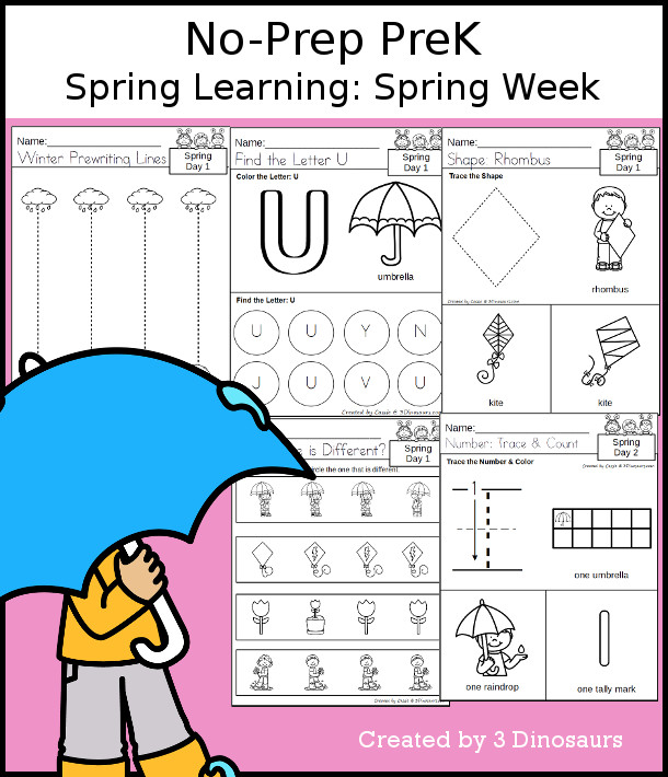 No-Prep Spring Themed Weekly Packs for PreK  with 5 days of activities to do to learn with a Spring theme - 3Dinosaurs.com