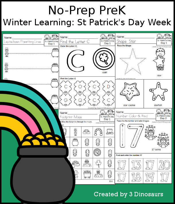 No-Prep St. Patrick's Day Themed Weekly Packs for PreK  with 5 days of activities to do to learn with a winter or spring St. Patrick's Day theme  with letters, numbers, and shapes - 3Dinosaurs.com