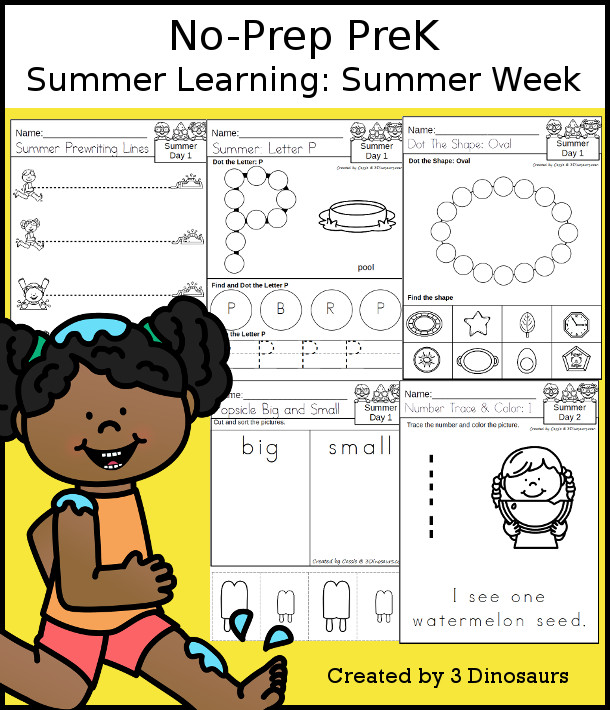 No-Prep Summer Themed Weekly Packs for PreK  with 5 days of activities to do to learn with a summer theme - 3Dinosaurs.com