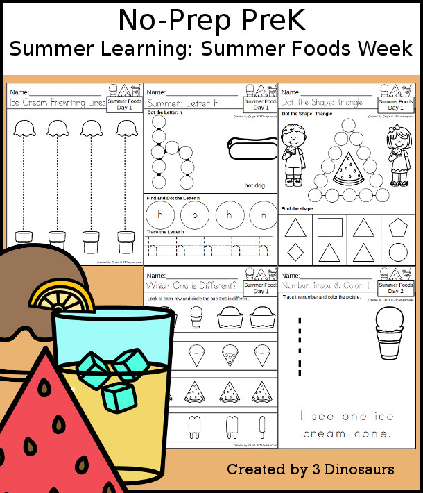 No-Prep Summer Foods Weekly Packs for PreK  with 5 days of activities to do to learn with a spring Summer Foods theme - - 3Dinosaurs.com