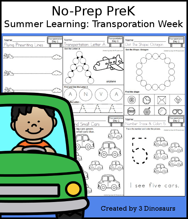 No-Prep Transportation Themed Weekly Packs for PreK  with 5 days of activities to do to learn with a summer Transportation theme - - 3Dinosaurs.com