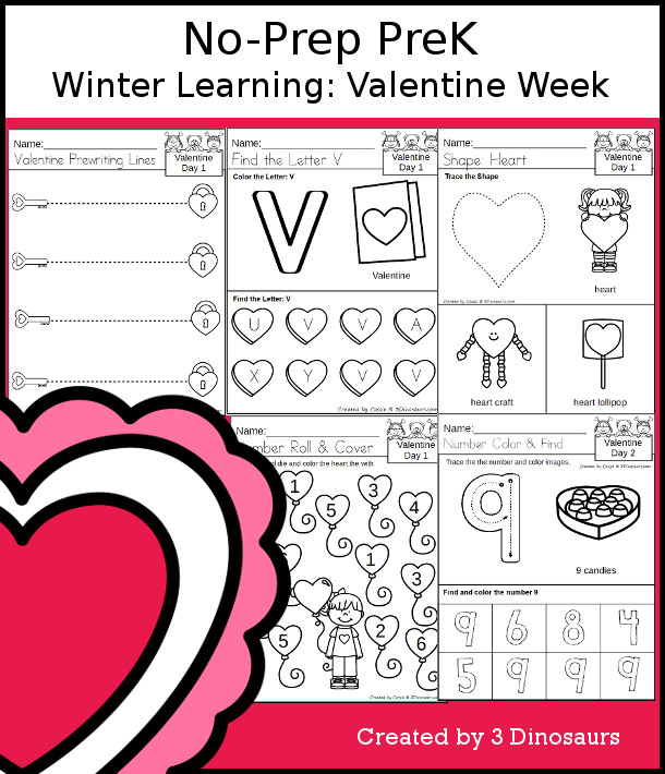 No-Prep Valentine Themed Weekly Packs for PreK  with 5 days of activities to do to learn with a Valentine's Day theme - - 3Dinosaurs.com