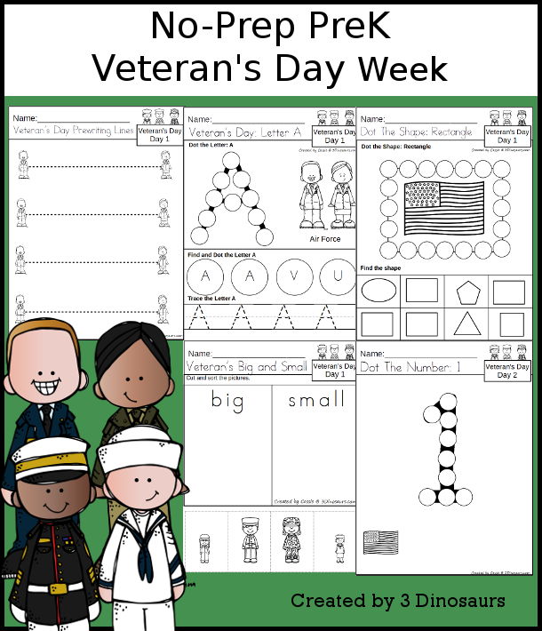 No-Prep Veteran's Day Weekly Packs for PreK  with 5 days of activities to do to learn with a fall Veteran's Day theme - 3Dinosaurs.com