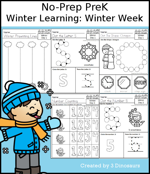 No-Prep Winter Themed Weekly Packs for PreK  with 5 days of activities to do to learn with a winter theme - 3Dinosaurs.com