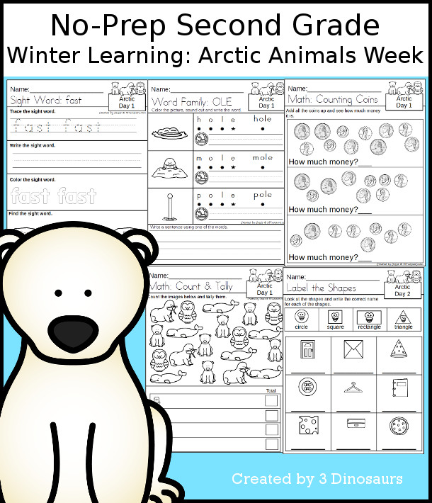 No-Prep Arctic Animals Themed Weekly Pack for Second Grade with 5 days of activities to do to learn with a winter time Arctic Animals theme - 3Dinosaurs.com