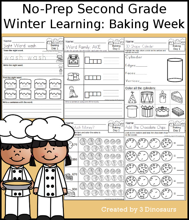 No-Prep Baking Weekly Pack for Second Grade with 5 days of activities to do to learn with a winter Baking theme - 3Dinosaurs.com