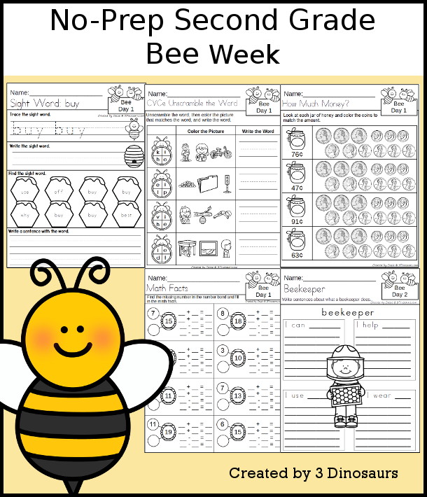 No-Prep Bee Weekly Pack for Second Grade with 5 days of activities to do to learn with a spring Bee theme - 3Dinosaurs.com