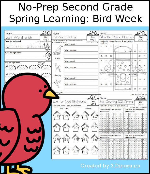 No-Prep Bird Themed Weekly Pack for Second Grade with 5 days of activities to do to learn with a spring Bird theme - 3Dinosaurs.com